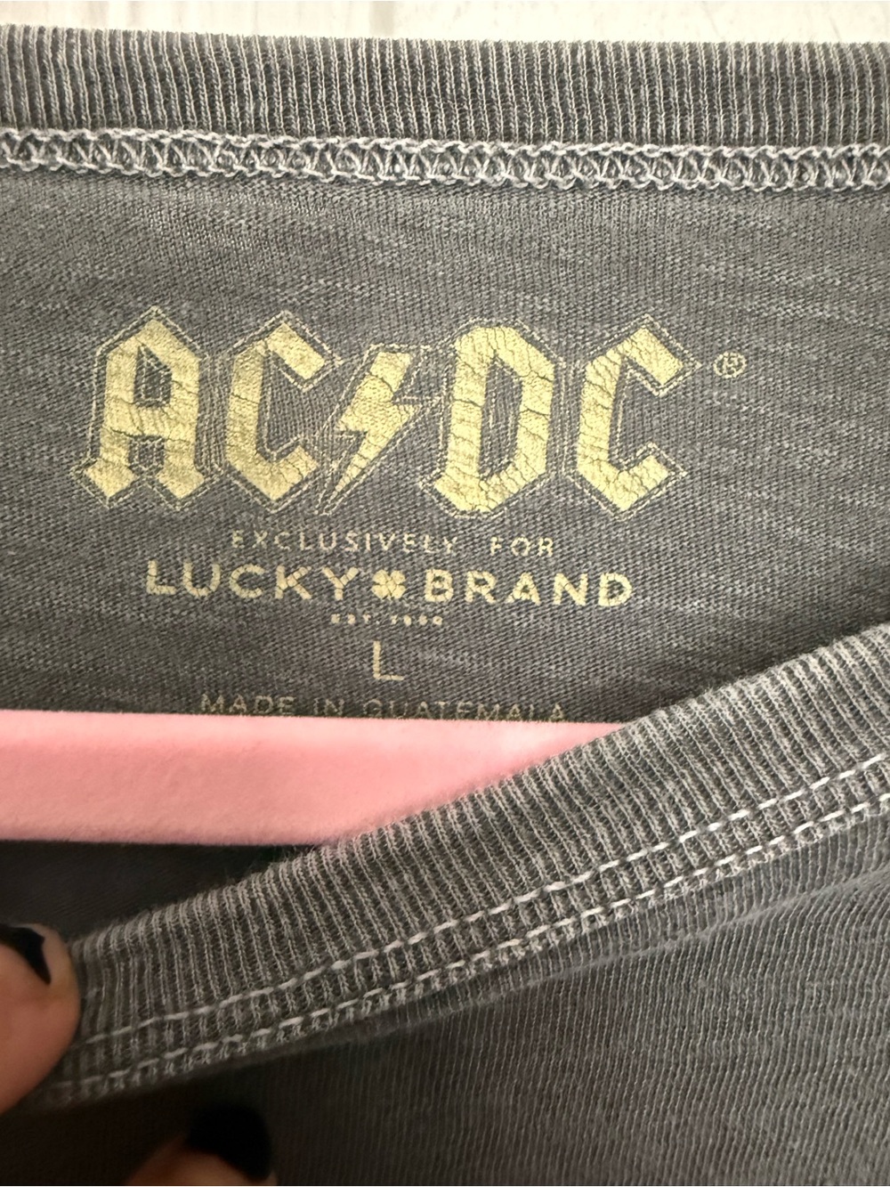 Lucky Brand AC/DC Grey Tee with Pale Yellow Logo and Pink Trim - Picture 2 of 3